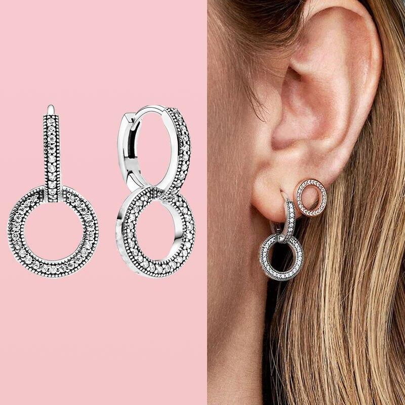 New 925 Sterling Silver Pendiente Sparkling Double Hoop Earrings For Women Fit Original Charm Earrings Fine Jewelry