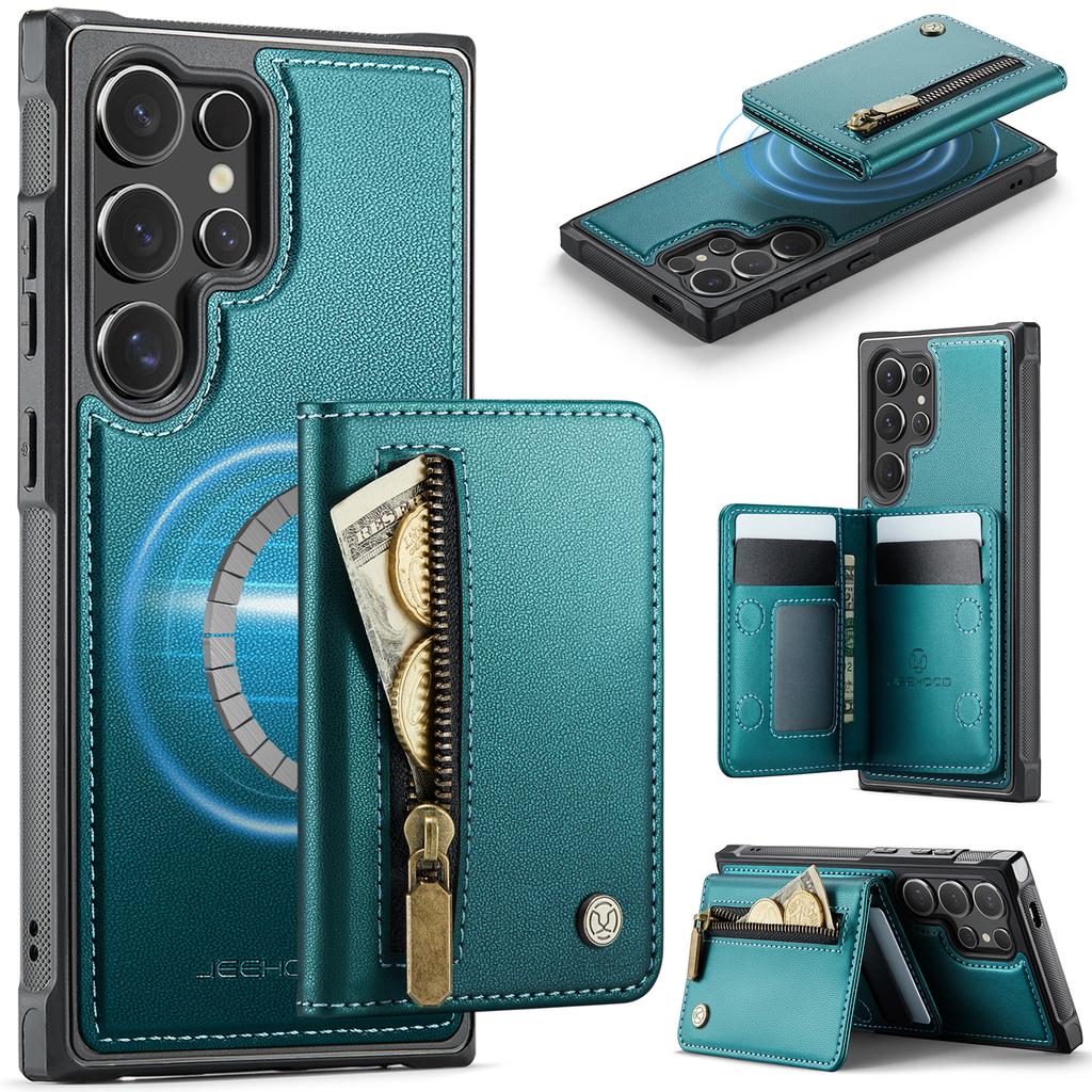 For Samsung Galaxy S26 Ultra Case JEEHOOD J12 Magnetic Detachable Zipper Wallet Kickstand Leather Back Cover Compatible with MagSafe