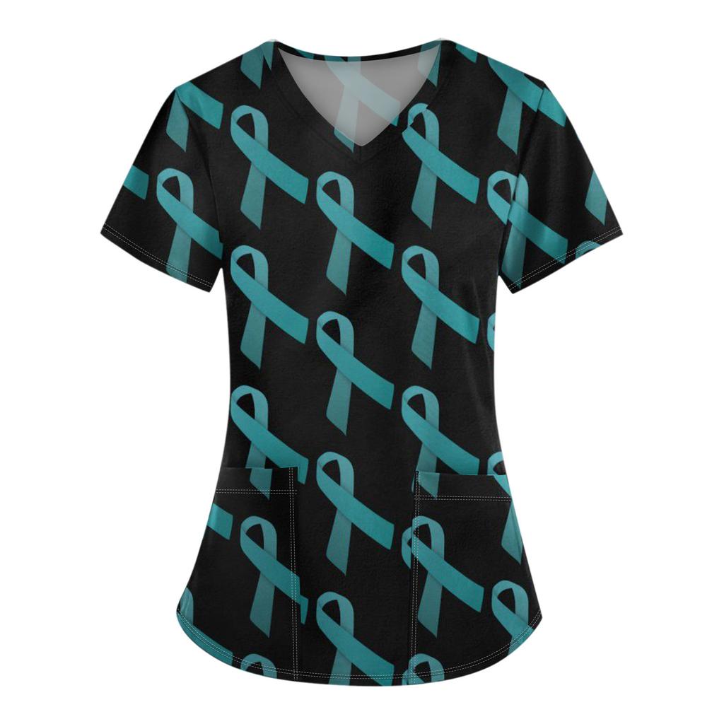 Женская модная рабочая одежда с v-образным вырезом и коротким рукавом с карманной футболкой с принтом.