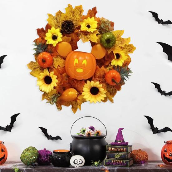 Осенний венок из тыквы, входная дверь, искусственный подсолнух, гирлянда из кленовых листьев, декор из тыквы и ротанга ручной работы для украшения осеннего урожая