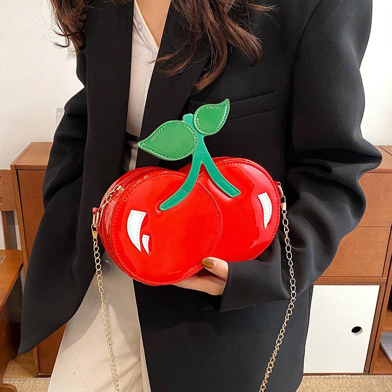 Women's Funny Cherry Shape Shoulder Crossbody Bag Cute Personalized Chain Design Small Purse and Handbag CLE