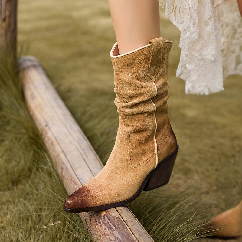 Мода 2024 Новые Осенне-Зимние Женские Сапоги Натуральная Кожа Женская Обувь Острый Носок Массивный Каблук Современная Коровья Замша Вестерн Сапоги