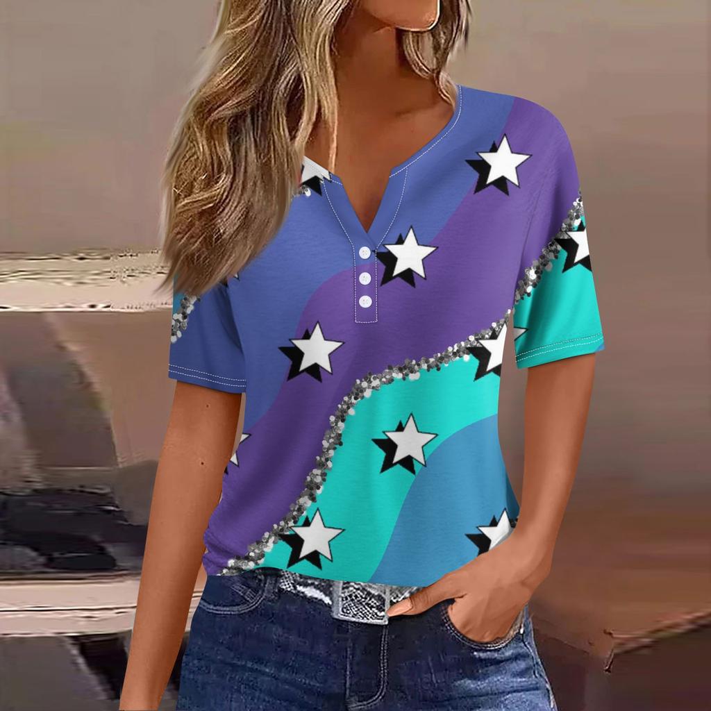 Жен. Футболка Футболка С принтом Пуговицы С короткими рукавами Повседневные Выходные Мода Классический V-образный вырез Обычный Верх