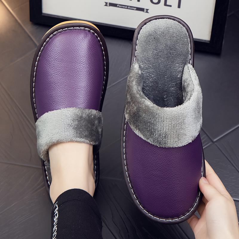 Женские тапочки 2024 года, новые зимние тапочки из искусственной кожи, теплые домашние тапочки, водонепроницаемая домашняя обувь, унисекс, теплые кожаные тапочки