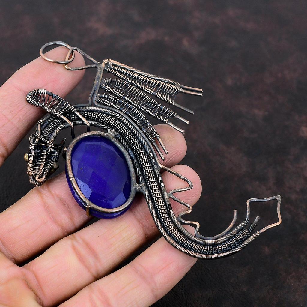 Кулон с граненым синим сапфиром, кулон из медной проволоки, кулон ручной работы с драконом, ювелирные изделия из медной проволоки, кулон из настоящего драгоценного камня, подарок для мамы