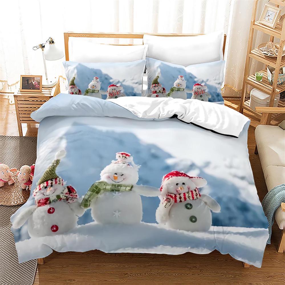 Christmas Duvet Cover Set King Queen Full Size Winter Theme Snowman Pattern Polyester Comforter Cover For Child Festival Gift