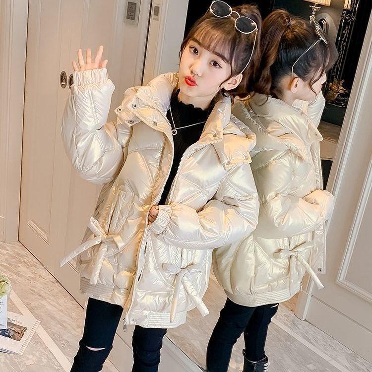 Autumn Winter Jacket For Girl Kid Baby Girl Shiny Solid Warm Hooded Outerwear Coat Teenager Cotton Parka Outift