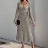 Autumn Women Mid Length Long Dress V-neck Solid Color Button Strap A-line Knitted Dresses