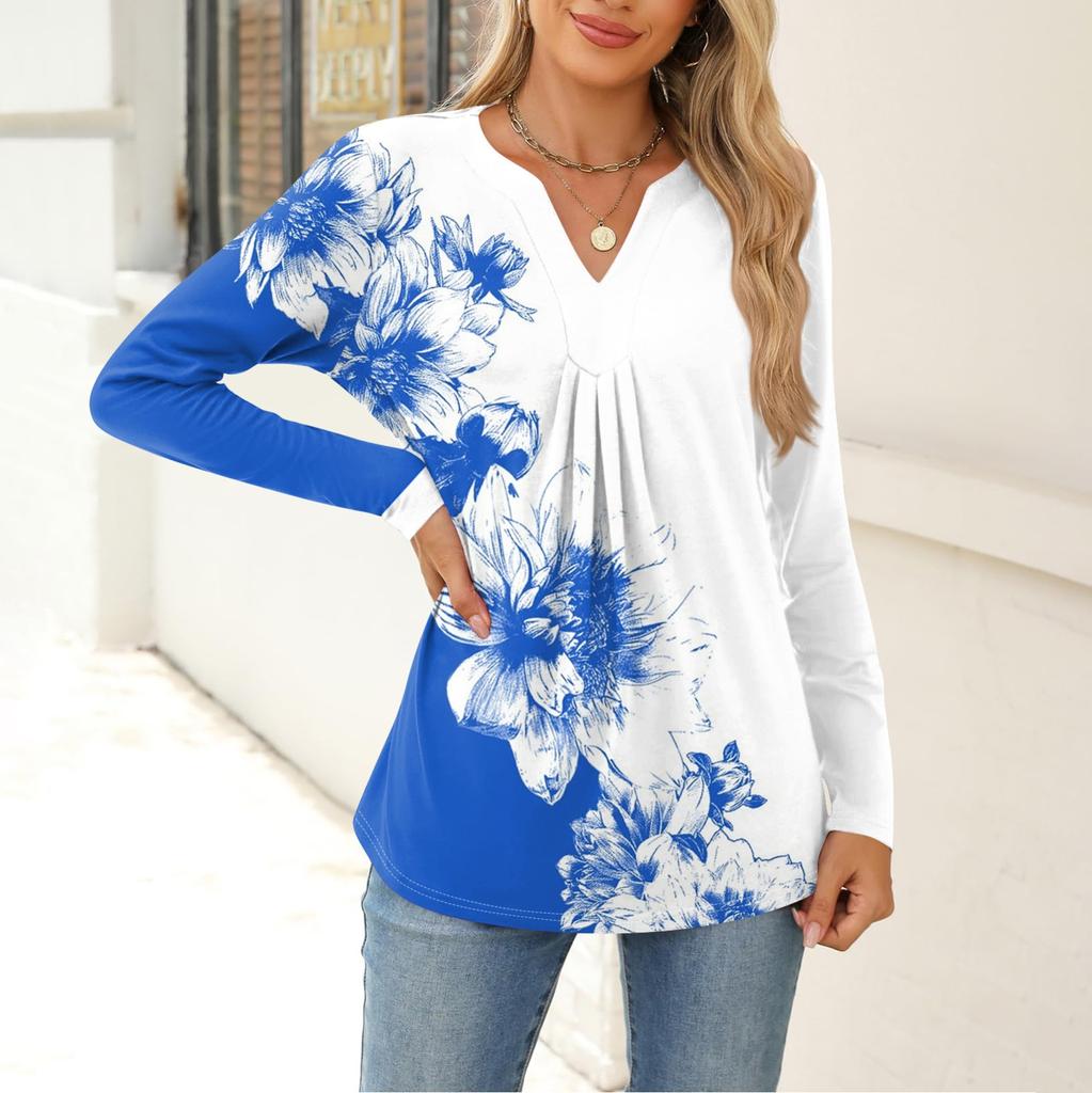 Women's Fashion Casual Long Sleeve Shirt Floral Printed V Neck Up Tops