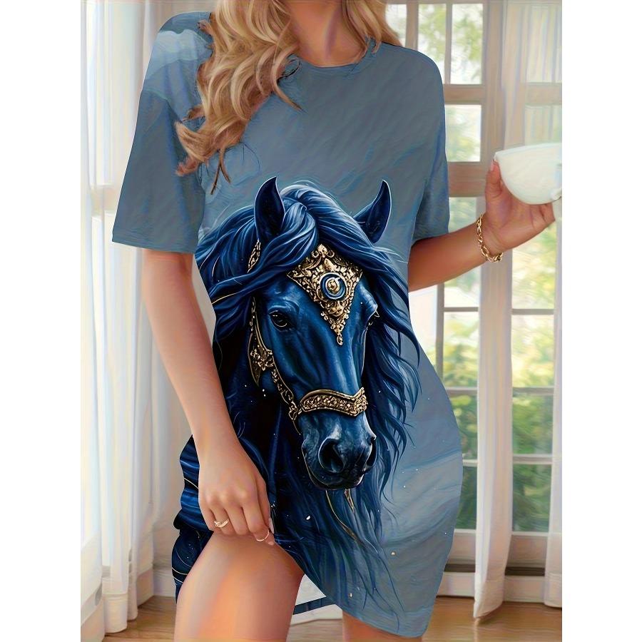 Женская ночная рубашка с принтом лошади, платье, короткий рукав, круглый вырез, платье для сна, сексуальное платье для путешествий и отпуска, одежда Y2k, женская одежда