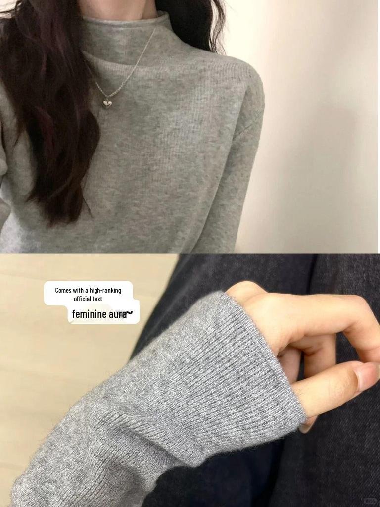 Women's Slim-Fit Long-Sleeve Half-High Neck Knitted Top - Whitening Dark Green, Autumn/Winter, Versatile for Single or Layered Wear.