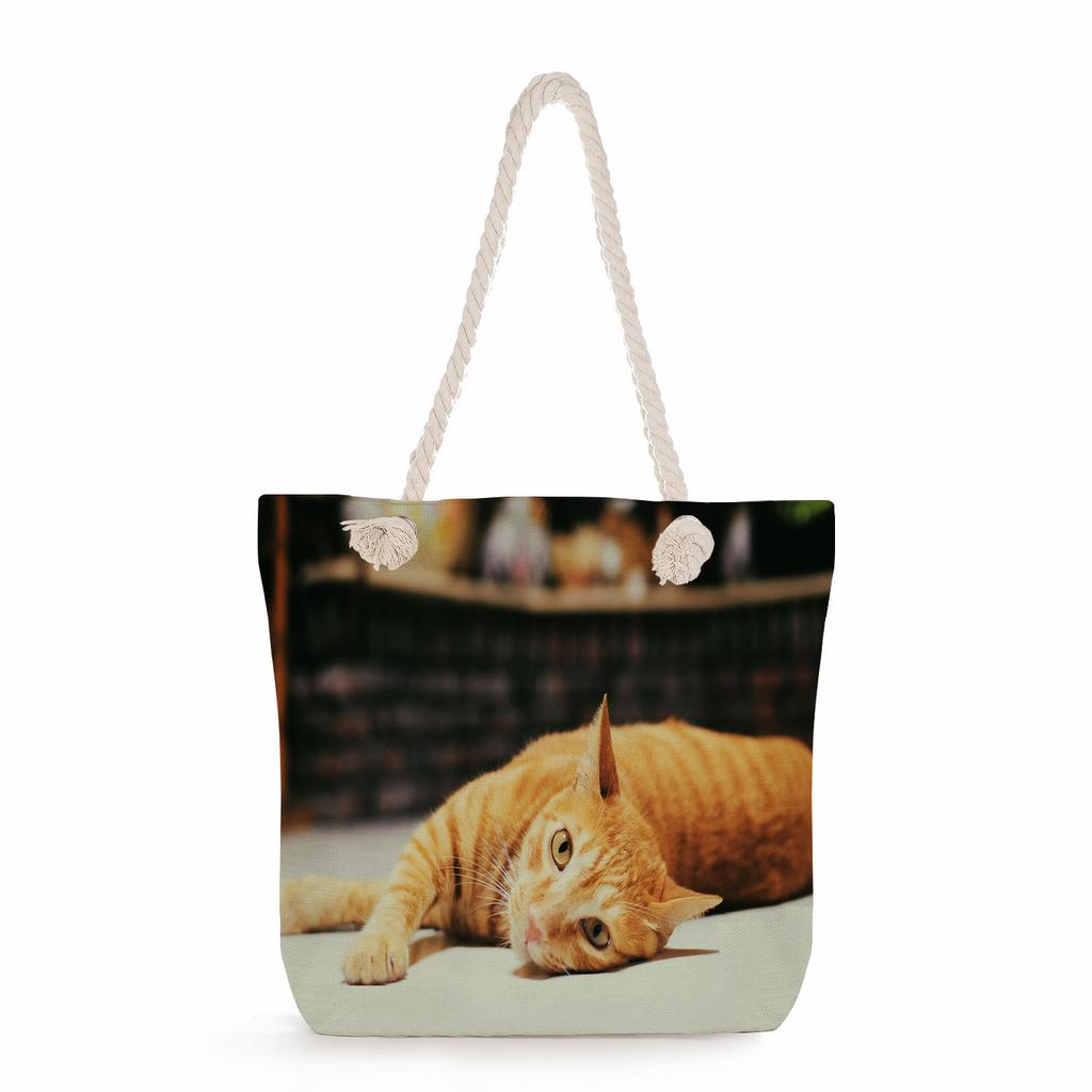 Cat print thick rope single-shoulder beach bag 7266 CLE