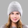 Women Winter Warm Hats Angora Rabbit Hair Knit Beanie Girls Fashion Double Layer Cuff Trendy Skull Cap