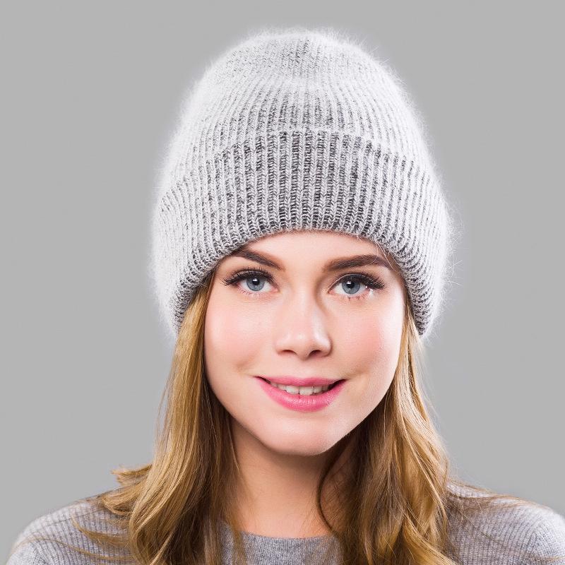 Women Winter Warm Hats Angora Rabbit Hair Knit Beanie Girls Fashion Double Layer Cuff Trendy Skull Cap