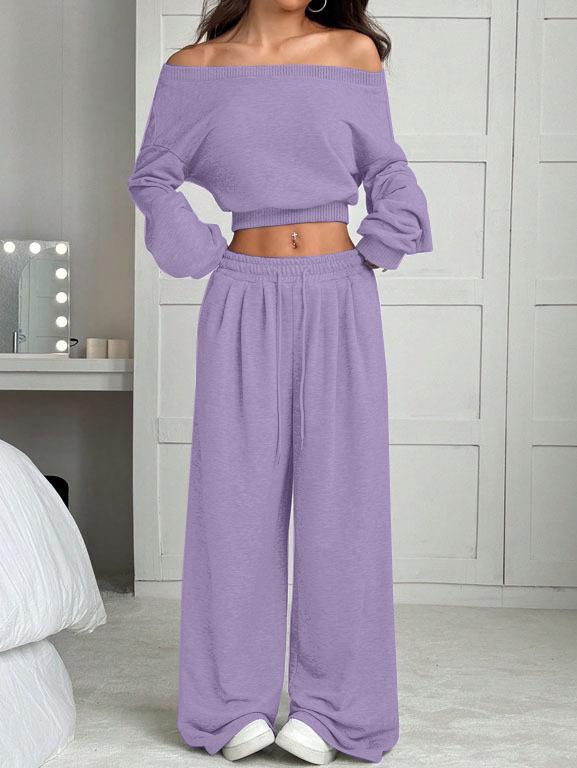 2025 Женский повседневный свитшот на одно плечо и вязаный комплект - Однотонный, Свободный крой, Варианты с коротким и длинным рукавом