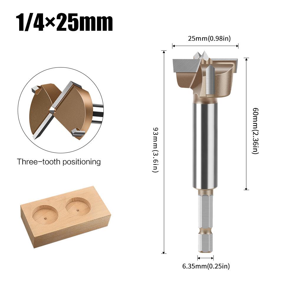 10mm to 50mm Professional Hexagonal Shank Woodworking Hinge Boring Bit Tungsten Carbide Blade Three-Tooth Double Blade Design