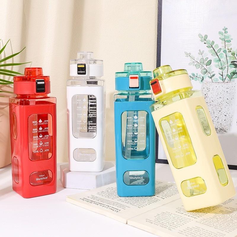 Square Plastic Water Bottle With Handle, Modern Simple Style, Portable Sports Bottle With Straw, 700ml
