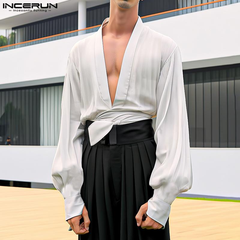 INCERUN Большие размеры Мужские рубашки с глубоким V-образным вырезом, длинными рукавами-фонариками, слегка прозрачными слоями, топы с перекрестными застежками спереди
