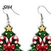 Festive Fashion Jewelry 1 Pair Acrylic Christmas Tree Dangle Earrings, 2D Flat Xmas Stocking Stuffer Bow Candy Cane Earrings with Bell, Holiday Party