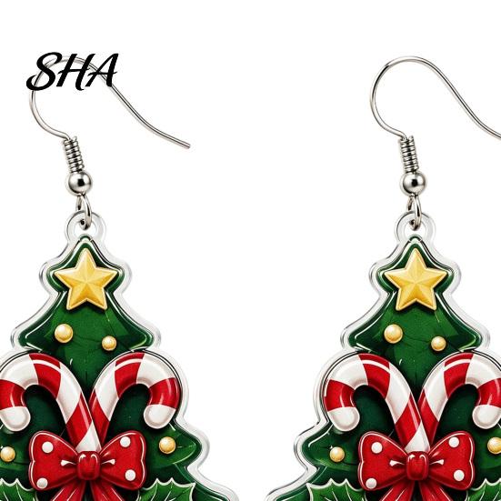 Festive Fashion Jewelry 1 Pair Acrylic Christmas Tree Dangle Earrings, 2D Flat Xmas Stocking Stuffer Bow Candy Cane Earrings with Bell, Holiday Party