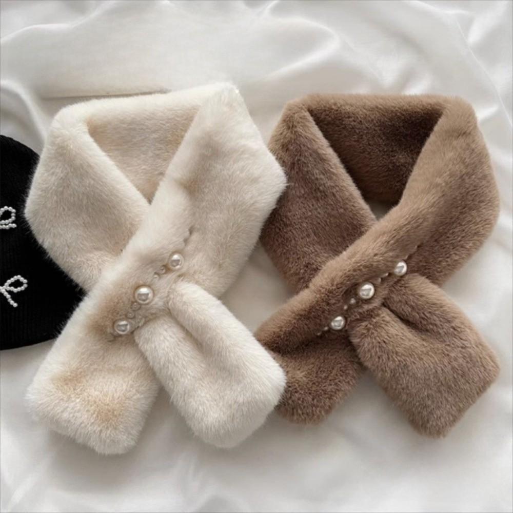 Solid Color Neckerchief Pearl Cross Scarves New Plush Scarf Women