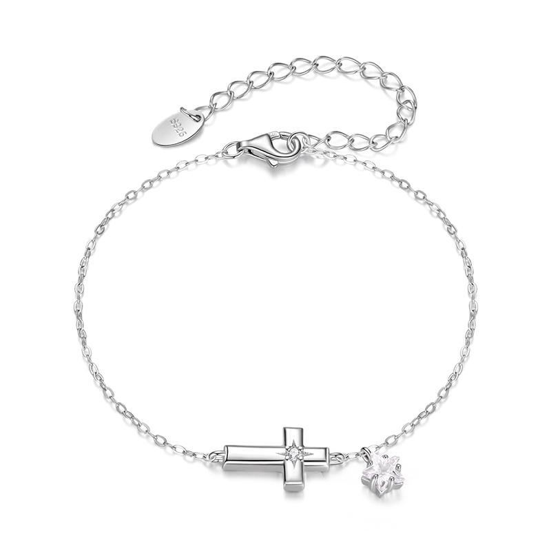 WOSTU 925 Sterling Silver Classic Cross Style Zircon Chain Bracelet For Women Fashion Stacking Cross Wrist links Family Gift