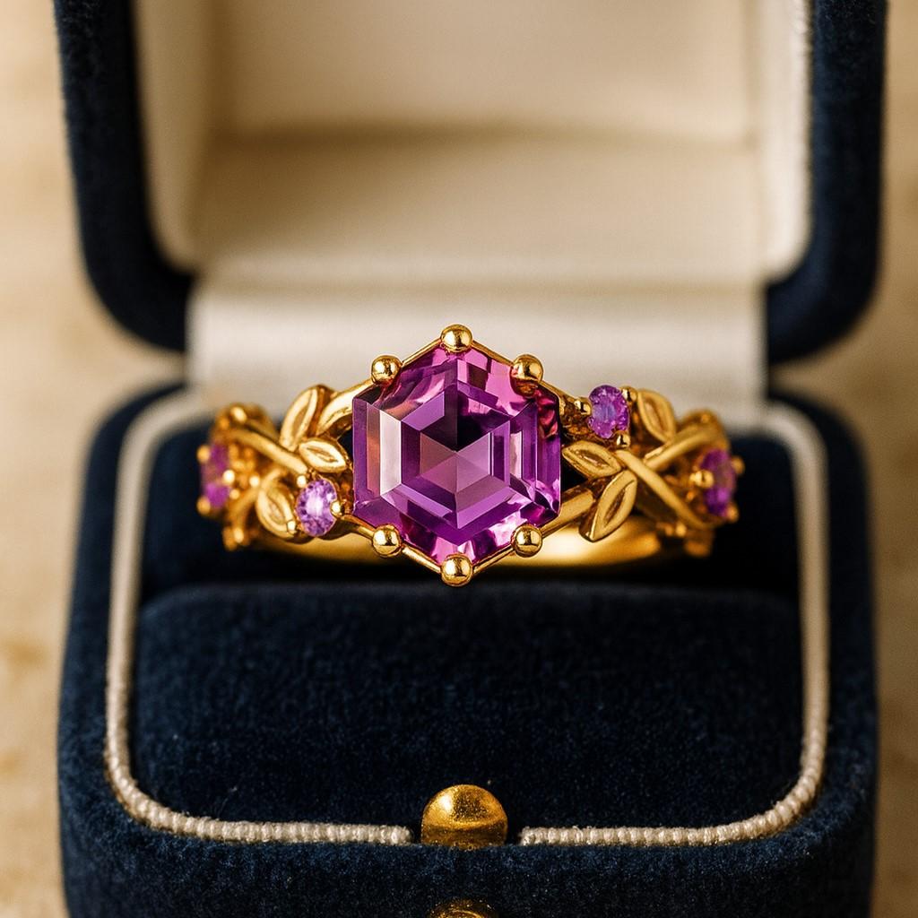 Hexagon Amethyst Engagement Ring – Yellow Gold Plated Leaf Wedding Band for Women | February Birthstone Promise, Anniversary Gift