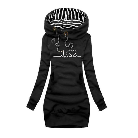 Пуловер средней длины на шнурке с передним карманом и длинными рукавами, женская осенне-зимняя толстовка с принтом «сердцебиение», облегающая толстовка с капюшоном, верхняя одежда
