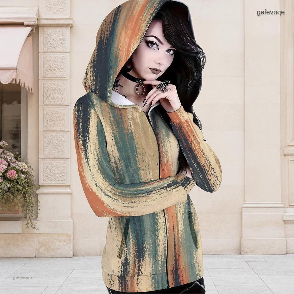 Women Plus Size Long Sleeve Front Zip Hoodie Abstract Printed Blue Green Pink Casual Top