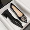 Thick Heel Single Shoes Women's Autumn New Versatile Pointed Head Shallow Mouth Soft Leather Square Buckle Rhinestone Low Heel Middle Heel Shoes