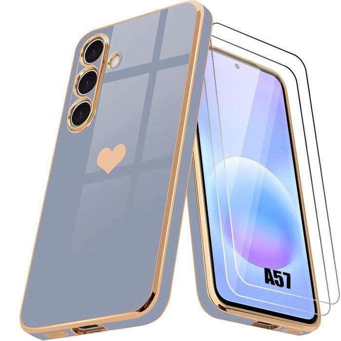 Coque pour Samsung Galaxy A57 5G, Silicone Motif Cœur Antichoc Anti-Rayures Bleu - 2 Verres Trempés
