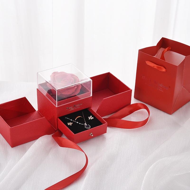 Valentine's Day Christmas Double Door Ring Pendant Box Apple Shaped Eternal Flower Jewelry Box Durable Plastic
