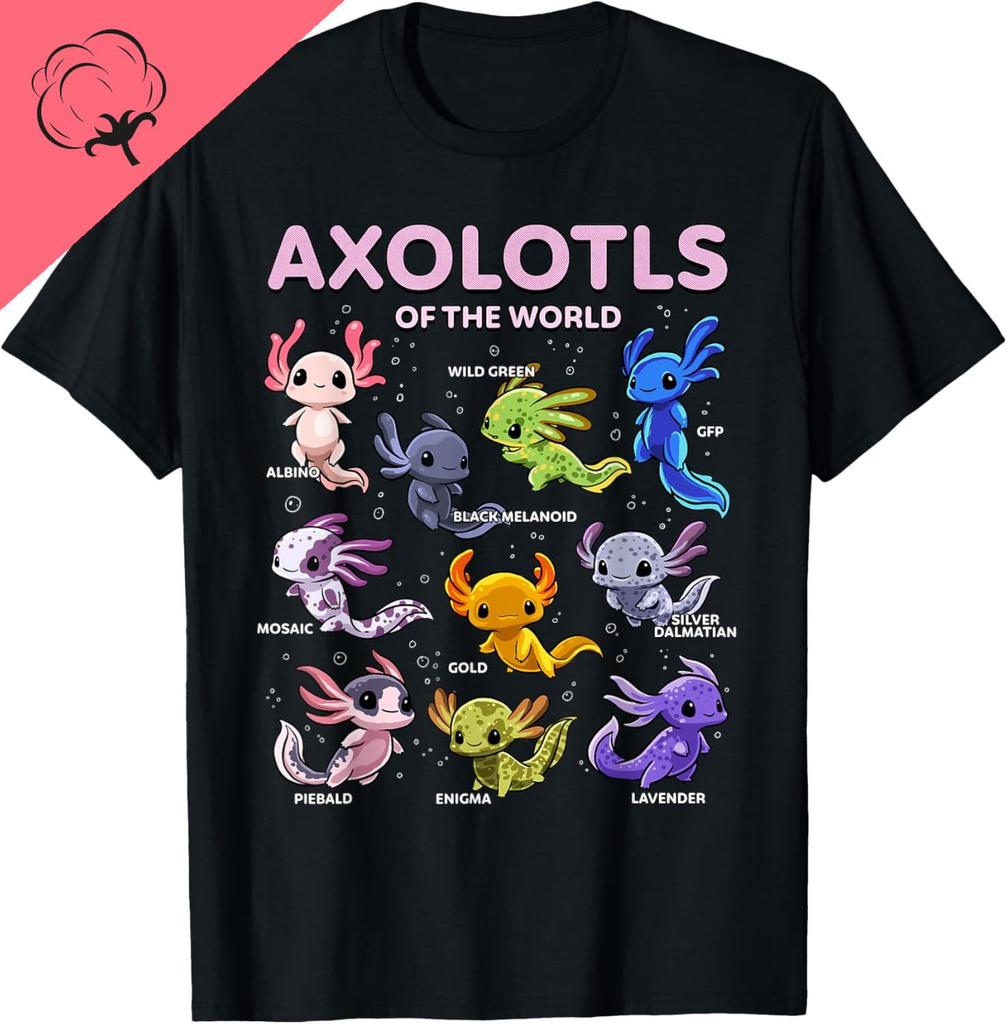 Axolotls of The World Kawaii Types of Axolotl Fish Amphibian TShirt Cute Tshirts Women Clothing Tops Cotton Kawaii Clothes
