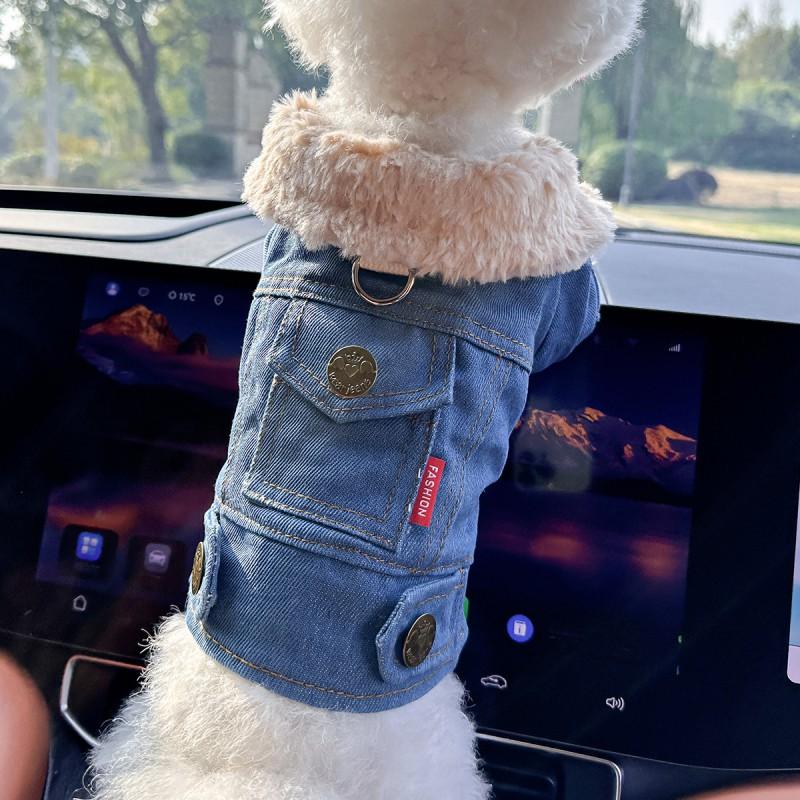 Pet Winter Coat Dogs Cats Fleece-Lined Denim Cotton Jacket Warm Thick Outerwear In XS To XL