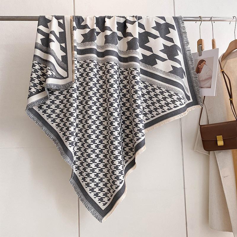 Double-Sided Square Scarf, Houndstooth, Geometric Flower, Thickened Thermal Scarf, Air-Conditioned Room, Neck Guard, Shawl, Cloak Female