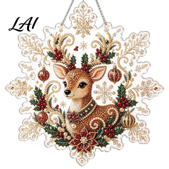 Festive Wall Hanging Ornament Christmas Faux Pearl Painting Suncatcher Kit Acrylic Snowflake Shaped Board with Lace Crystal Beading Craft Set