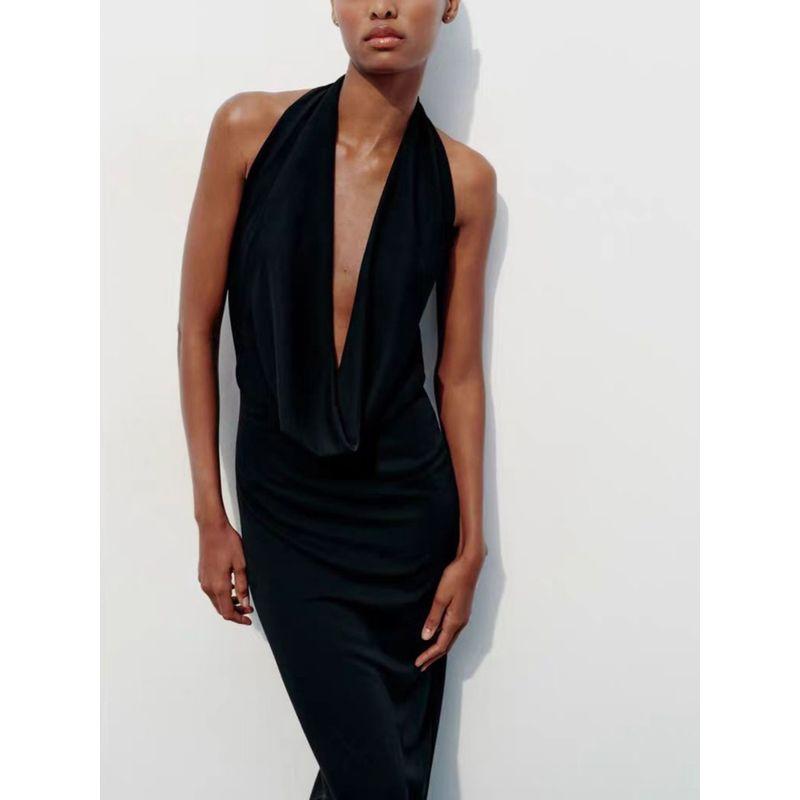 Za2024 Summer New Product Women's Clothes Sexy Open Back Ruched Hanging Collar Dress Long Skirt 3152242 800