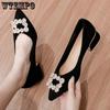 Rhinestone Suede Thick Heel Shoes Spring and Autumn Versatile Pointy Shallow Flat French Black Work Shoes