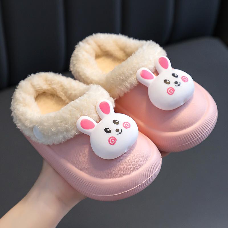 Rabbit cotton slippers for indoor children, warm plush slippers for girls, cute, non-slip, waterproof shoes for home use in winter
