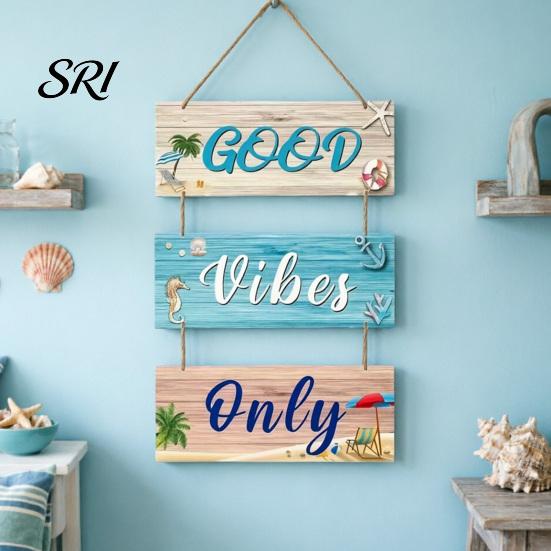 Wooden Ornaments Beach Theme Wall Sign Good Vibes Only Hanging Plaque with Hemp Door Decoration Rope Coastal Ocean-Style Welcome for Porch Fence