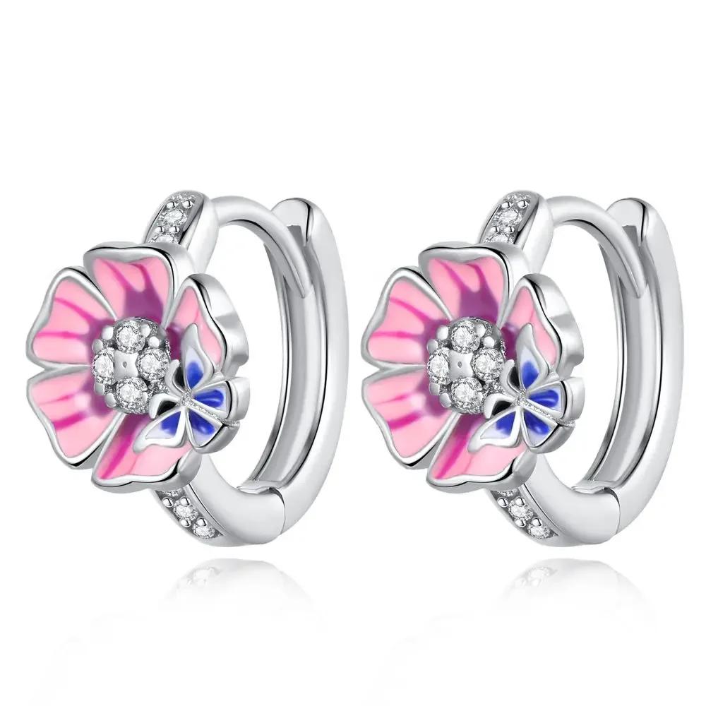Pink Series 925 Silver Romantic Flower Butterfly Unicorn Tulip Geometry Earrings Boutique Jewelry Gifts