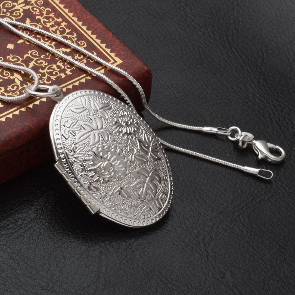 fashion Jewelry sanke Chain Necklace Round Box Pendant Photo Locket Silver Plated