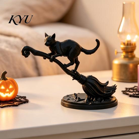 Уникальное настольное украшение Фигурка черной кошки на метле ведьмы, 3D-печатная статуэтка метлы, Статуэтка Хэллоуина для многоярусного подноса, Стола, Декор стола