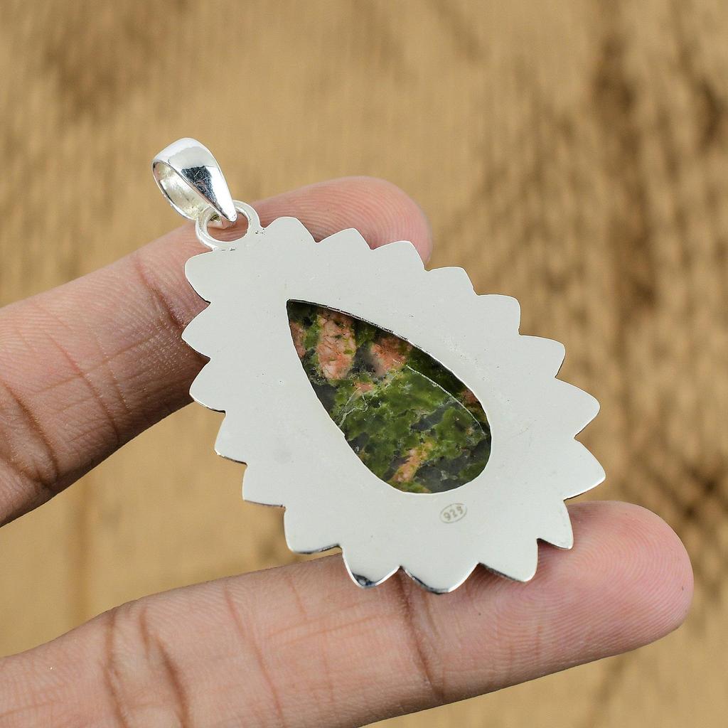Natural Unakite Gemstone Pendant Handmade 925 Sterling Silver Indian Jewelry