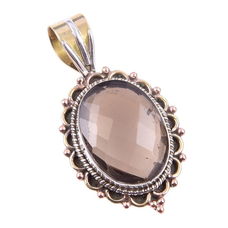Natural Smoky Quartz 925 Solid Sterling Silver TwoTone Gift Pendant 1.50" s9K10