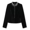 Blouses Women Black Heavy Beading O Neck Puff Sleeve Shirts Blusas Slim Fit Velvet Vintage Blouse