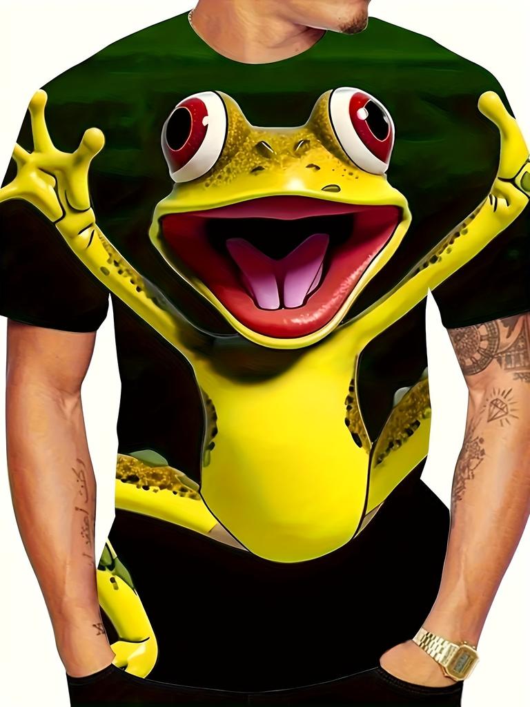 Футболка мужская с рисунком лягушки 3D - футболка с круглым вырезом и забавным мультяшным дизайном, яркие желтые и зеленые цвета, легкий полиэстер