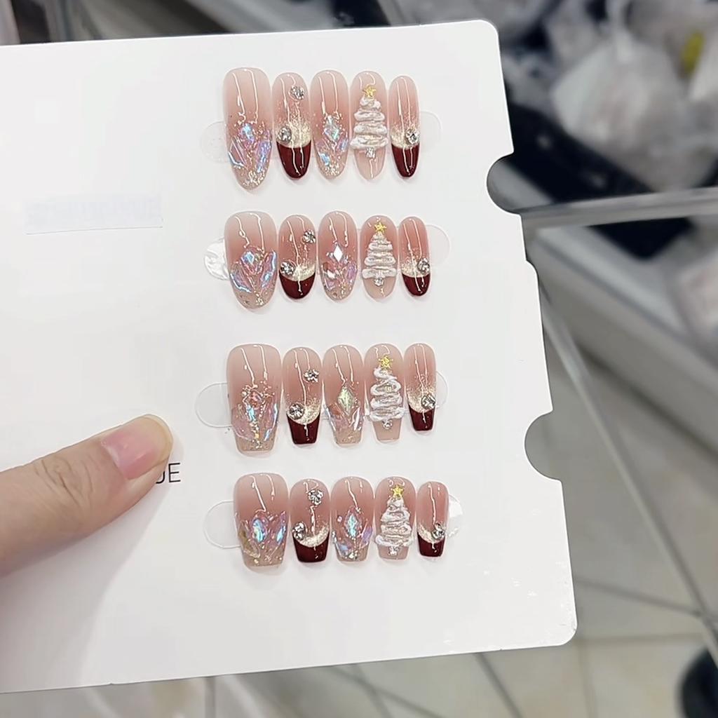 Чисто ручная работа Фототерапия Носимые ногти Милый Рождественский Готовый продукт Многоразовые накладные ногти