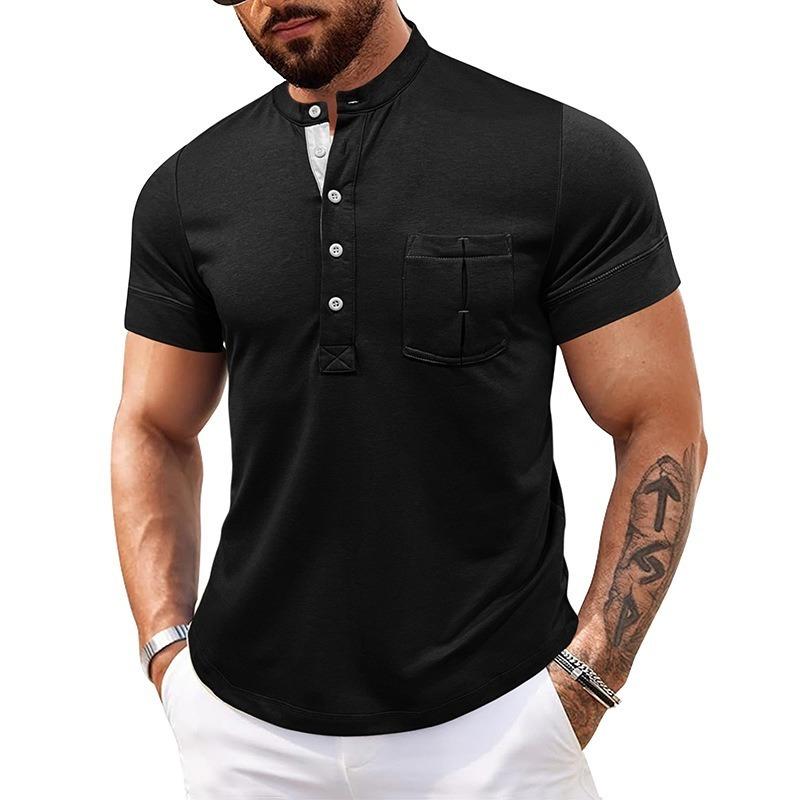 Men Black Stand Collar Henley Neck Short Sleeve T Shirt With Chest Pocket Casual Summer