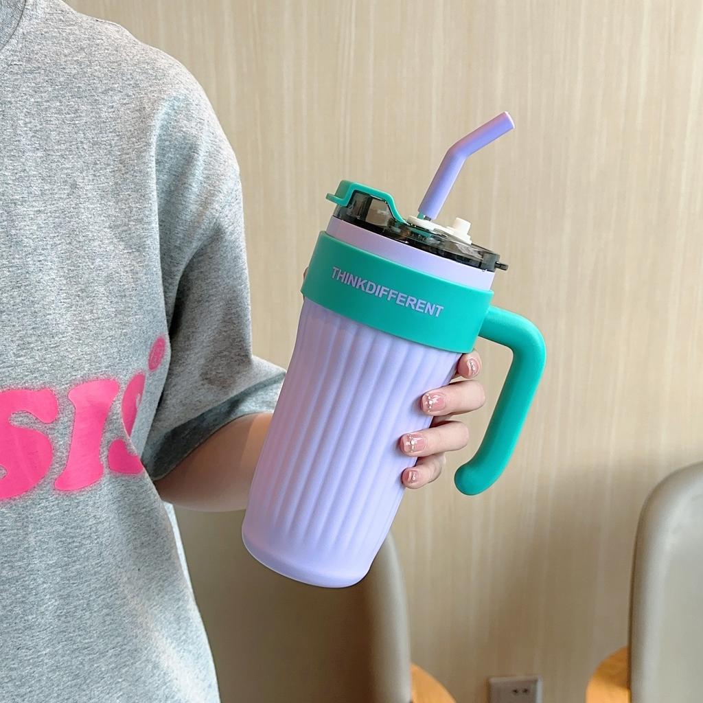 860ml Thermos Water Bottle Stainless Tumbler Large Capacity Coffee Thermal Cup With Handle Straw Outdoor Vacuum Insulated Bottle